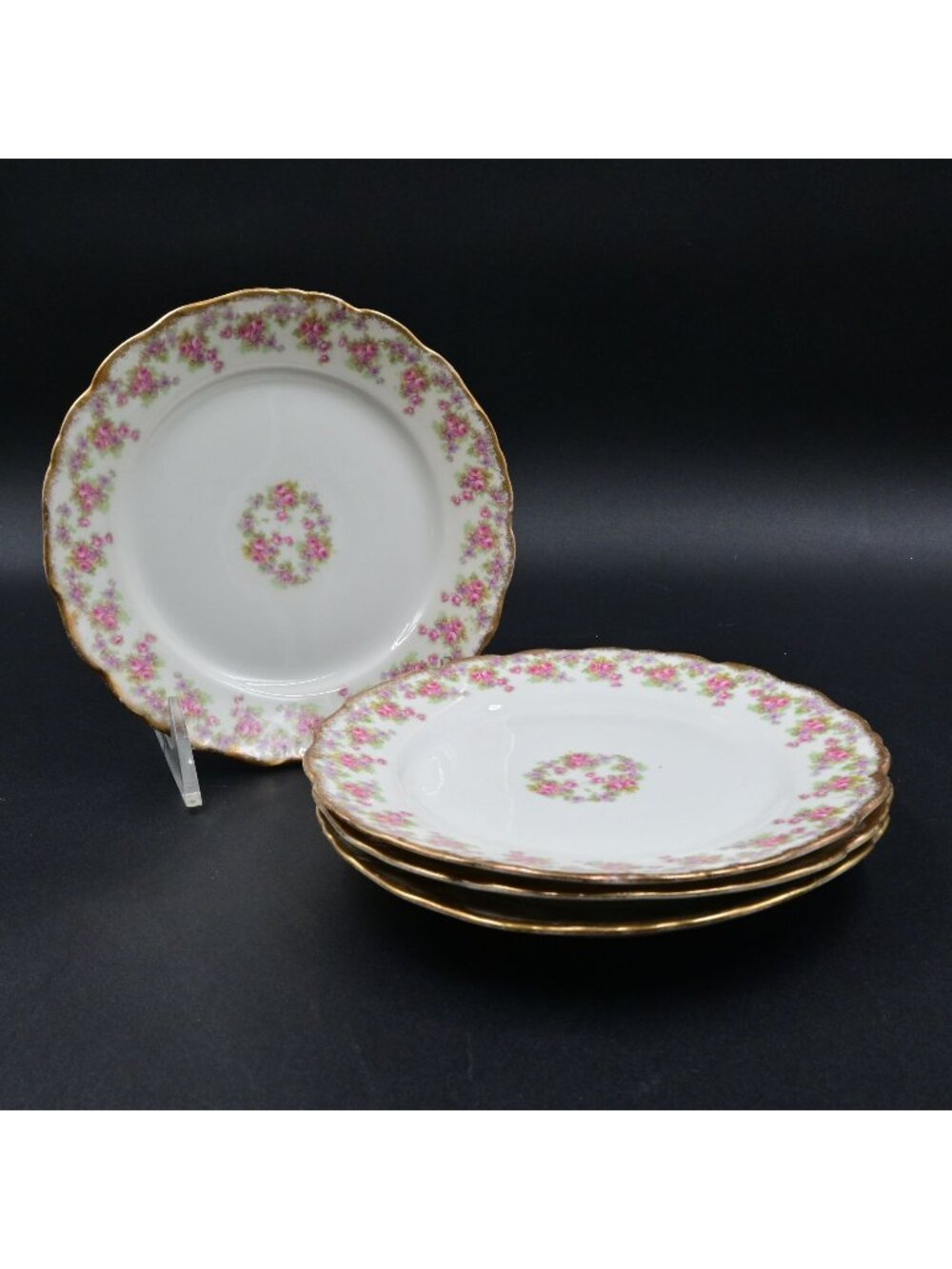Limoges Elite Works Pink Roses Bread Plates 6.5" Set of 4 Gold Trim France